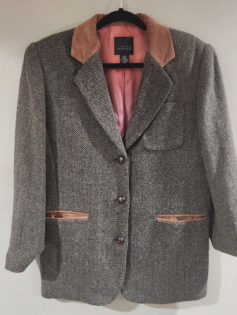 Vtg 1990s Limited Collection Herringbone Tweed Wool Suede Plaid Blazer Sz M